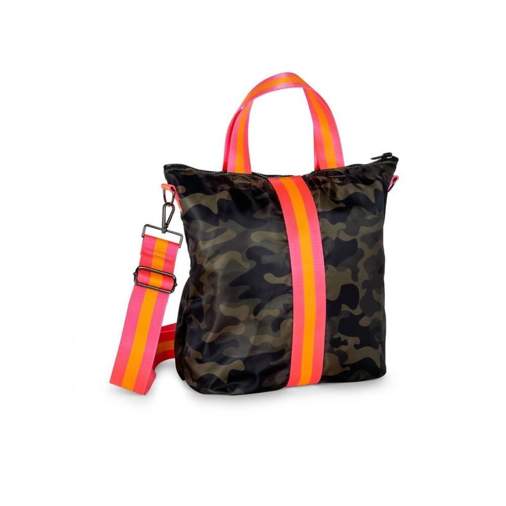 NWT HAUTE SHORE women's logan showoff bag in green camo/pink/orange stripes - Picture 5 of 10